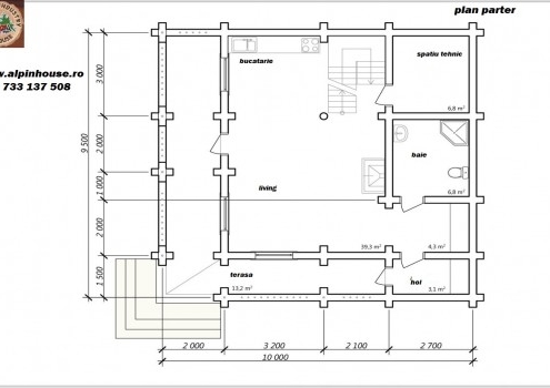 Casa de vacanța 7 din lemn rotund calibrat sau casa de locuit permanent , ce poate fi executata din lemn rotund calibrat cu dimensiuni cuprinse între 160 mm și 300 mm in funcție de preferințele clientului ! Casa este dispusă pe parter și mansarda cu o suprafața de 175 mp și este compusă din 2 terase , 2 bai , living cu Bucătărie deschisă 3 dormitoare ,hol și spațiu tehnic.