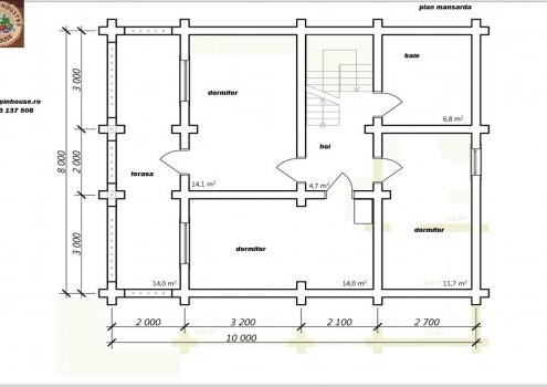 Casa de vacanța 7 din lemn rotund calibrat sau casa de locuit permanent , ce poate fi executata din lemn rotund calibrat cu dimensiuni cuprinse între 160 mm și 300 mm in funcție de preferințele clientului ! Casa este dispusă pe parter și mansarda cu o suprafața de 175 mp și este compusă din 2 terase , 2 bai , living cu Bucătărie deschisă 3 dormitoare ,hol și spațiu tehnic.