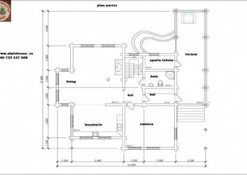 Casa de vacanța 9 din lemn rotund calibartsau casa de locuit permanent poate fi executata din lemn rotund calibrat cu dimensiuni cuprinse între 160 mm și 300 mm in funcție de preferințele clientului ! Casa este dispusă pe parter și mansarda cu o suprafața de 280mp și este compusă din 2 terase , 2 bai , living cu bucătărie deschisă 3 dormitoare ,birou hol și spațiu tehnic. Proiectul poate suferi orice modificare in funcție de necesitatile clientului.