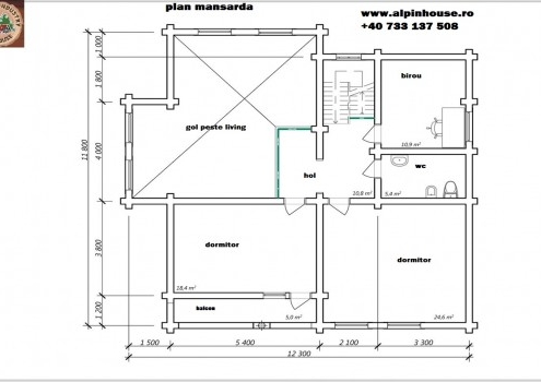 Casa de vacanța 9 din lemn rotund calibartsau casa de locuit permanent poate fi executata din lemn rotund calibrat cu dimensiuni cuprinse între 160 mm și 300 mm in funcție de preferințele clientului ! Casa este dispusă pe parter și mansarda cu o suprafața de 280mp și este compusă din 2 terase , 2 bai , living cu bucătărie deschisă 3 dormitoare ,birou hol și spațiu tehnic. Proiectul poate suferi orice modificare in funcție de necesitatile clientului.